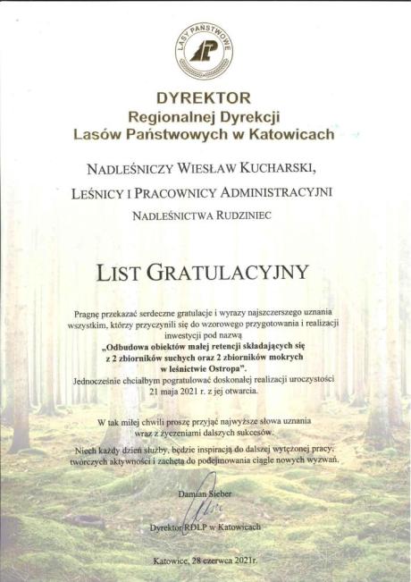 List gratulacyjny od Dyrektora RDLP w Katowicach