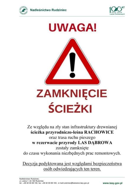 Zamknięcie ścieżki przyrodniczo-leśnej w Rachowicach oraz trasy ruchu pieszego w rezerwacie przyrody Las Dąbrowa